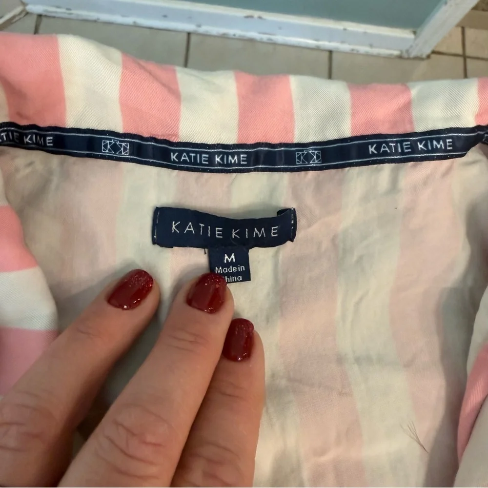 Katie Kime Retro Stripe Pink White Pajama Set Yellow HH on pocket size medium - Picture 3 of 12